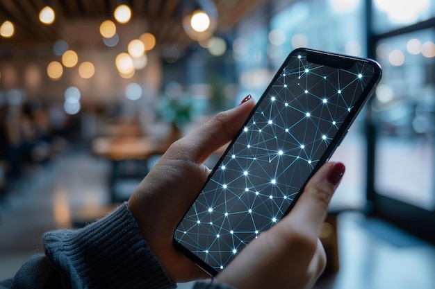 Foto smartphone in der hand mit network dots-technologie, die mit generativer ki erstellt wurde