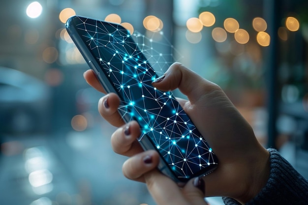 Smartphone in der Hand mit Network Dots-Technologie, die mit generativer KI erstellt wurde