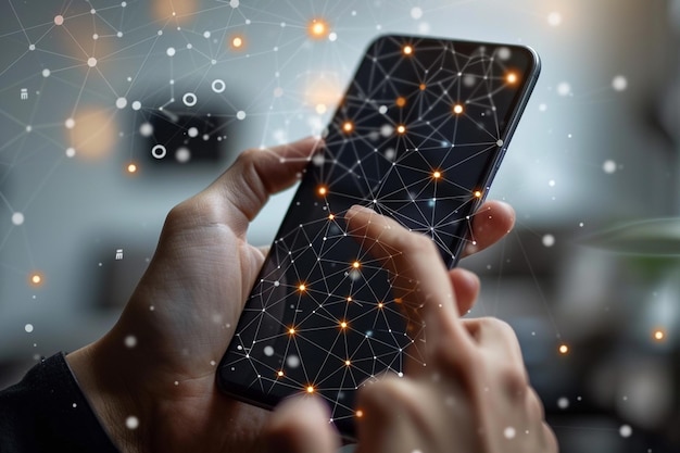 Smartphone in der Hand mit Network Dots-Technologie, die mit generativer KI erstellt wurde