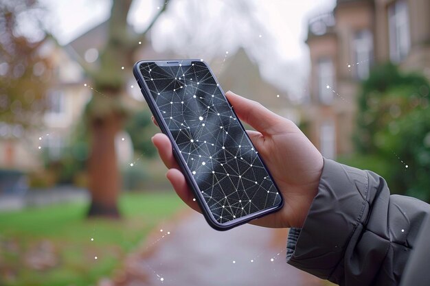 Foto smartphone in der hand mit network dots-technologie, die mit generativer ki erstellt wurde