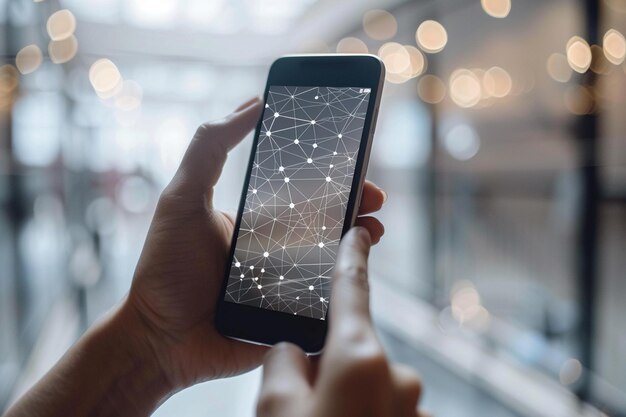 Foto smartphone in der hand mit network dots-technologie, die mit generativer ki erstellt wurde