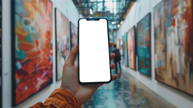 Smartphone in der Hand zeigt einen leeren weißen Bildschirm in einer Kunstgalerie, die die Fusion von moderner Technologie und klassischer Kunst darstellt