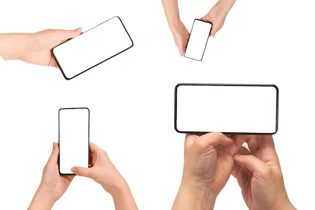Smartphone in Frauenhänden isoliert auf weißem Hintergrund Weißer Bildschirm Kopierbereich