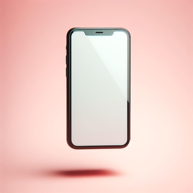 Smartphone levitando com uma tela branca pura ligeiramente inclinada