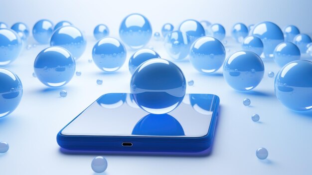 Smartphone liegt auf einer hellblauen Oberfläche, umgeben von hellblauen Glaskugeln