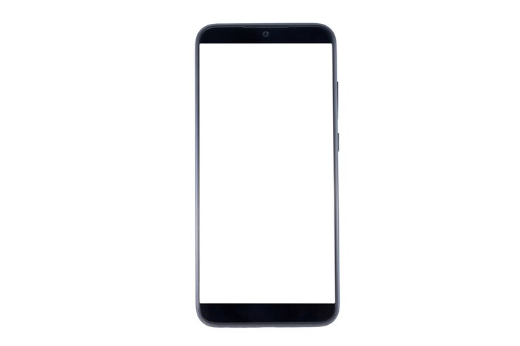 Foto smartphone lokalisiert auf weißem, beschneidungspfad. handy mit leerem bildschirm aus der nähe, flach liegen