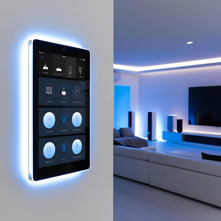 Un smartphone con una luz azul en la pared y la pantalla iluminada