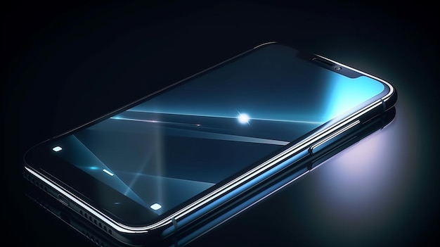 Smartphone con luz azul sobre un fondo negro generativo ai