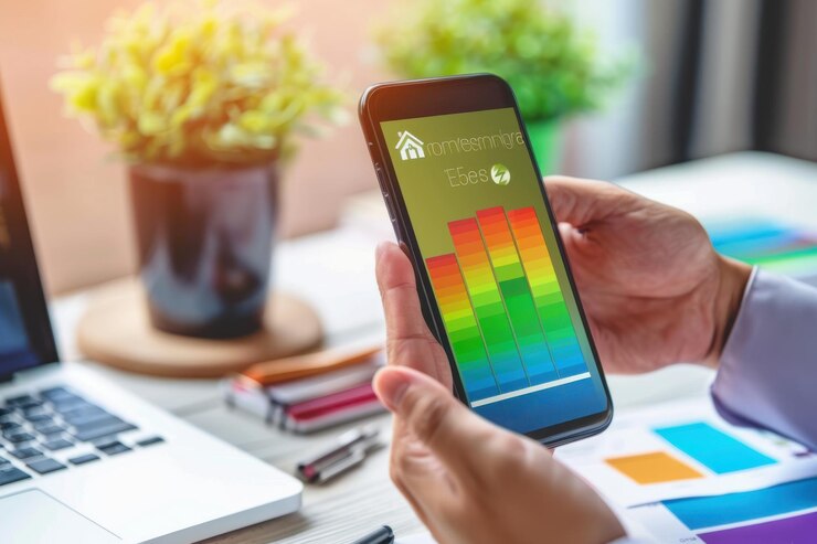 Smartphone en la mano con aplicación de hogar inteligente frente a la casa que muestra tecnología y vida moderna