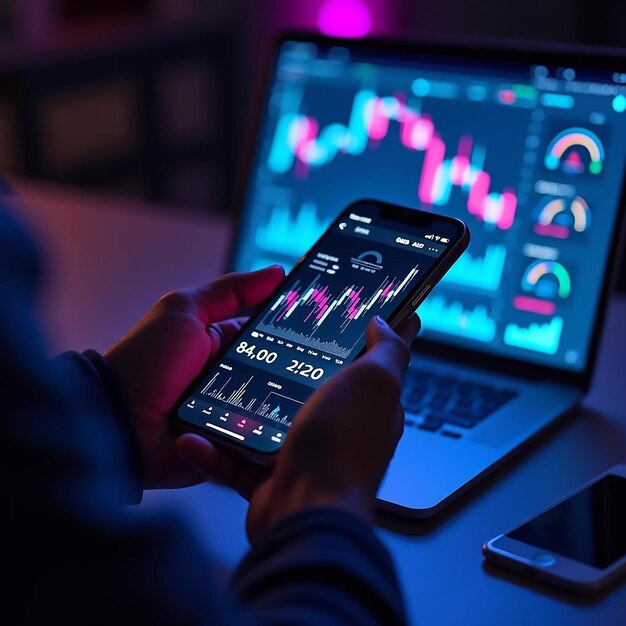 Smartphone en la mano con gráfico del mercado de valores