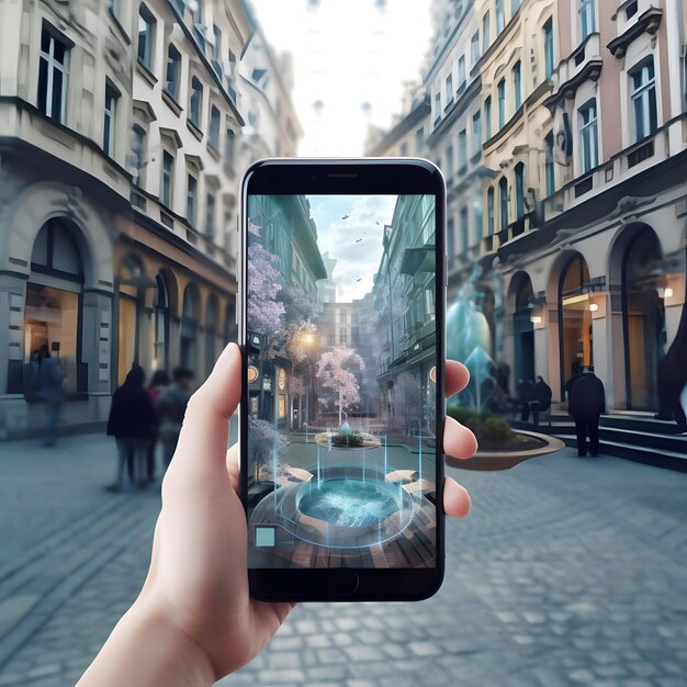 Smartphone en mano con la imagen de una ciudad en pantalla