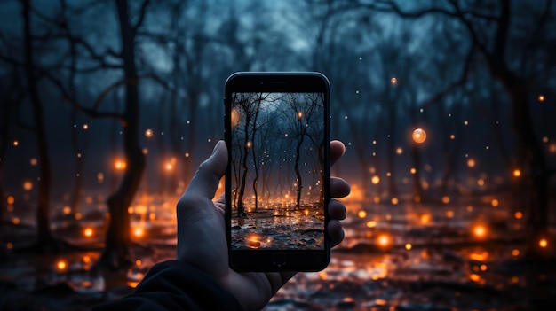 Smartphone en la mano de la noche de rodaje