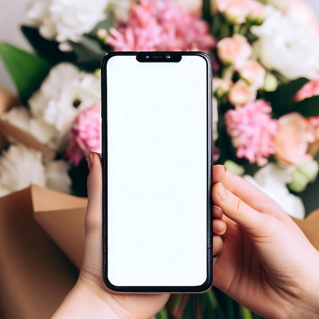 Smartphone en la mano con pantalla blanca en blanco ramo de flores en el fondo Aplicación de entrega en línea