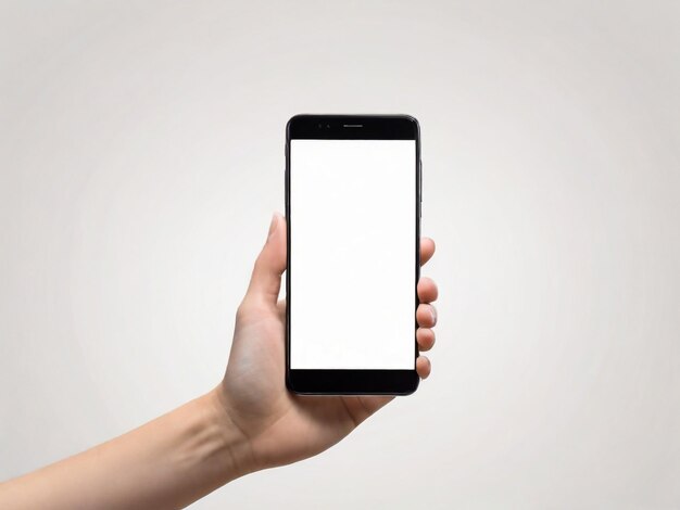 Smartphone en la mano con pantalla en blanco aislada sobre un fondo blanco