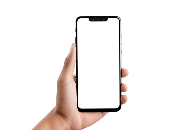 Smartphone en la mano con pantalla en blanco