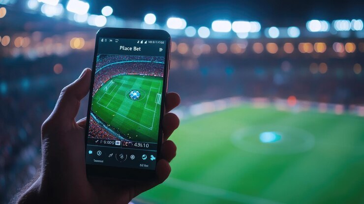 Smartphone en la mano con partido de fútbol en vivo y interfaz de aplicación de apuestas en el fondo del estadio