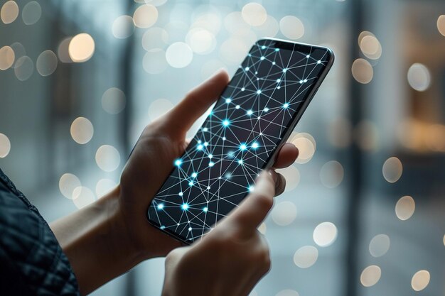 Foto smartphone a la mano con tecnología de puntos de red creada con ia generativa