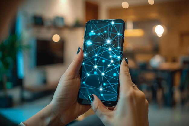 Smartphone a la mano con tecnología de puntos de red creada con IA generativa