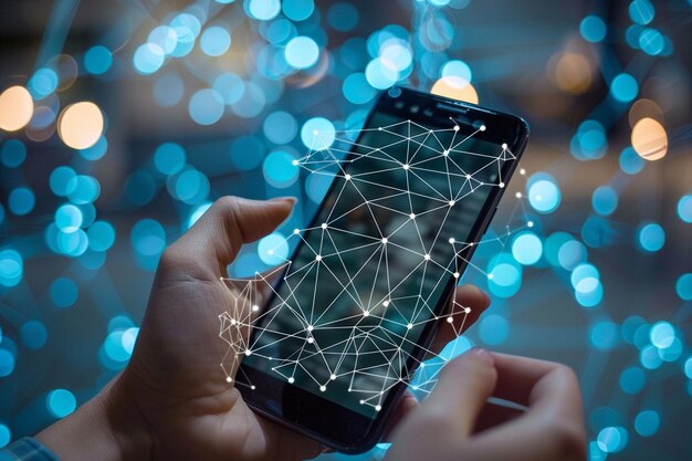 Foto smartphone a la mano con tecnología de puntos de red creada con ia generativa