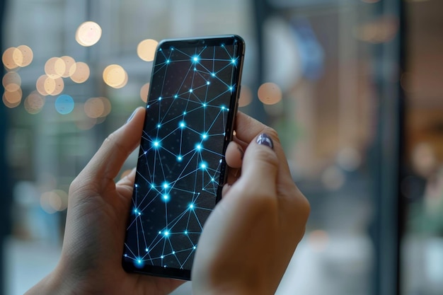 Foto smartphone a la mano con tecnología de puntos de red creada con ia generativa