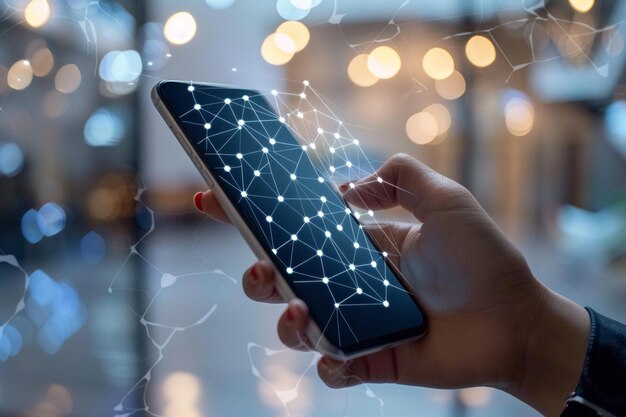 Foto smartphone a la mano con tecnología de puntos de red creada con ia generativa