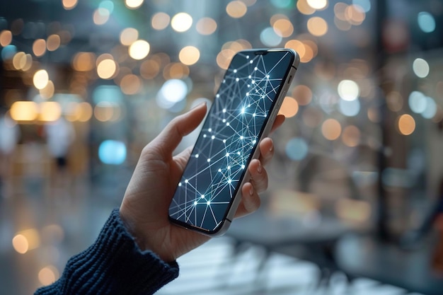 Foto smartphone a la mano con tecnología de puntos de red creada con ia generativa