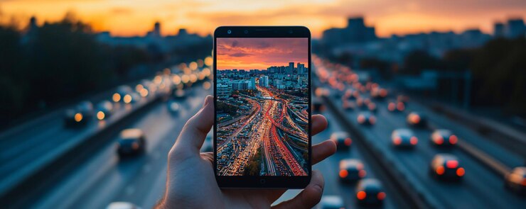 Smartphone en la mano tomando una foto del paisaje urbano al atardecer