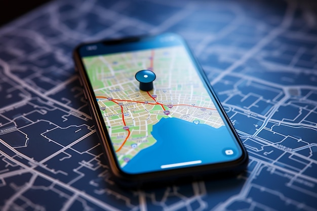 Foto smartphone con mapa en el fondo de un mapa de la ciudad