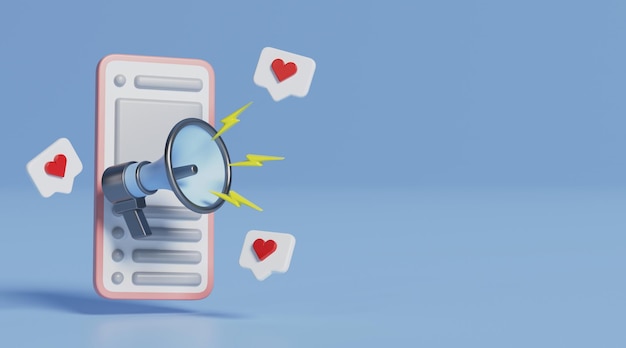 Smartphone megáfono y corazón como en un fondo azul pastel mínimo Marketing y redes sociales concepto renderizado en 3D