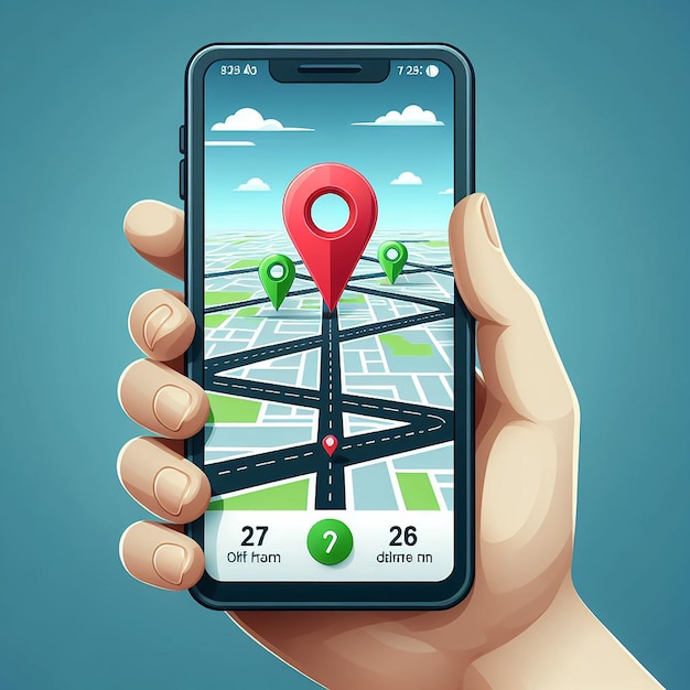 Smartphone mit 3D-Karte Kartenpins GPS-Navigator Pins Prüfungspunkte