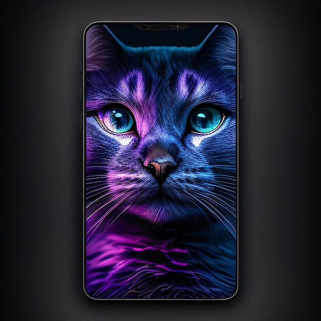 Smartphone mit blauem Katzengesicht auf schwarzem Hintergrund 3D-Rendering