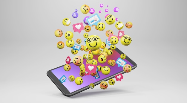 Smartphone mit Cartoon-Emoticons-Symbolen für soziale Medien. 3D-Rendering