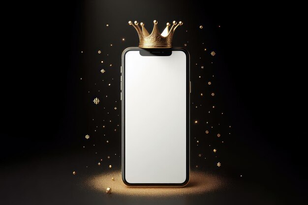 Foto smartphone mit einem weißen mockup-bildschirm mit einer goldenen krone auf schwarzem hintergrund