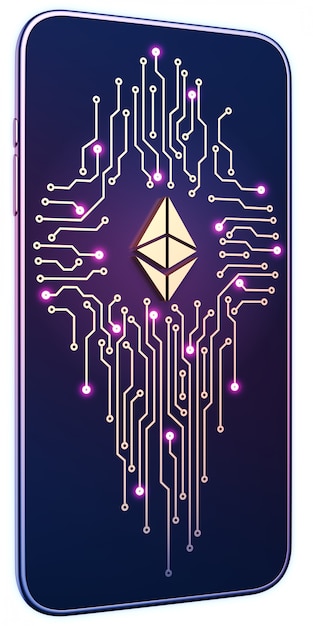 Smartphone mit Ethereum-Symbol und Platine auf dem Bildschirm. Das Konzept des mobilen Bergbaus und Handels.