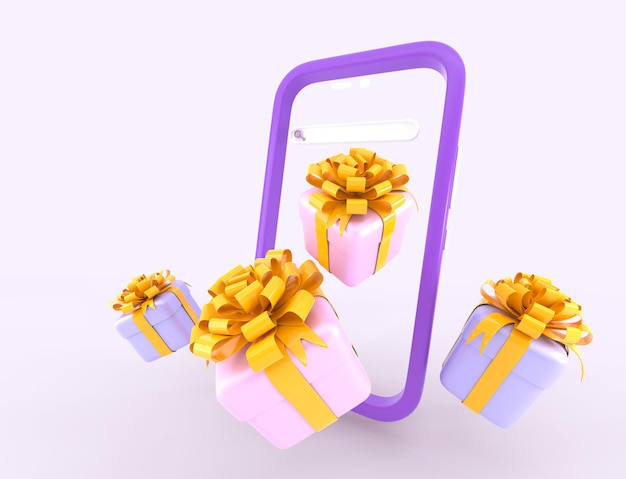 Smartphone mit Geschenkboxen, die aus dem Bildschirm fliegen Einkaufsverkaufsförderung Verbraucher-App Fortune-Bonus für Geschäftskunden Mobiltelefon mit Geschenken Cartoon 3D-Render-Web-Banner