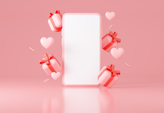 Smartphone mit Geschenkboxen und Herzen Leerer Bildschirm für Ihr Bild oder Ihren Text