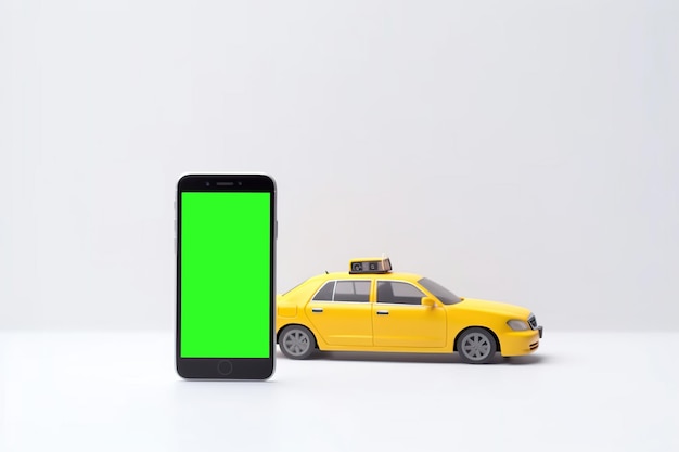Smartphone mit grünem Bildschirm in der Nähe eines gelben Taxi-Taxi-Visa-Konzepts