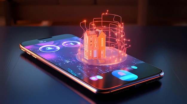 Smartphone mit Haushologramm auf dem Bildschirm Generative KI-Illustrationen