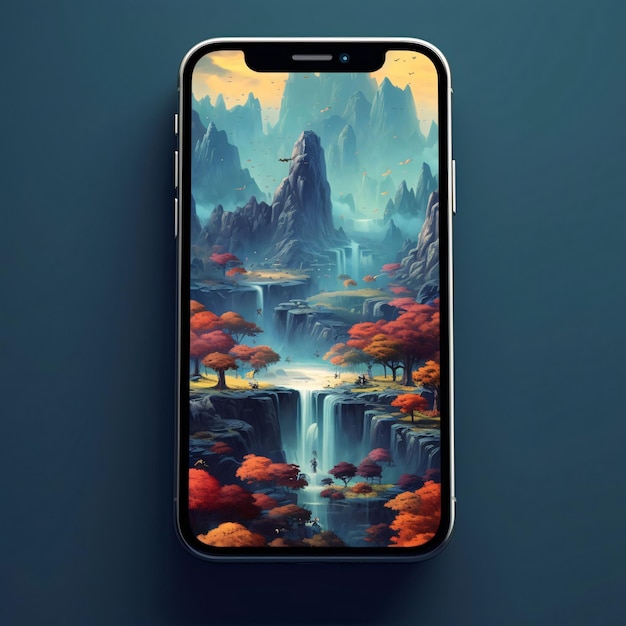 Smartphone mit Herbstlandschaft und Wald auf dem Bildschirm 3D-Rendering