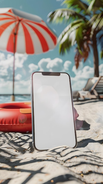 Smartphone mit leerem Bildschirm am Strand Mockup für Ihr Design