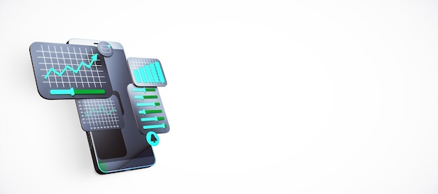 Smartphone mit schwebenden Analysen und Grafiken auf einem hellen Hintergrund 3D-Rendering