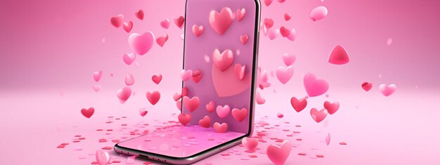 Smartphone mit schwimmenden Herzen auf rosa Hintergrund