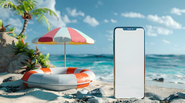 Smartphone mit weißem Bildschirm und Rettungsboje am Strand