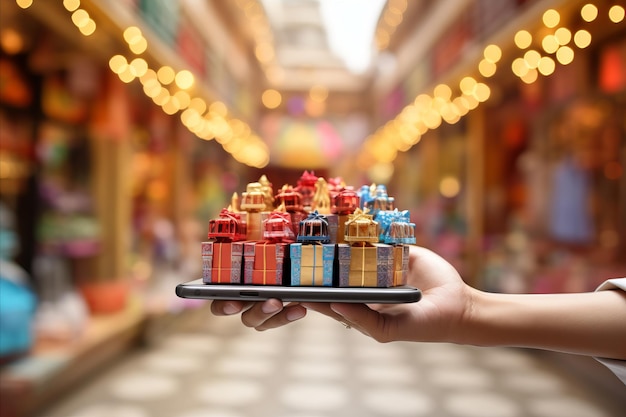 Smartphone mit Zahlungs-App umgeben von einer Vielzahl von Ladenartikeln für ein bequemes Einkaufserlebnis