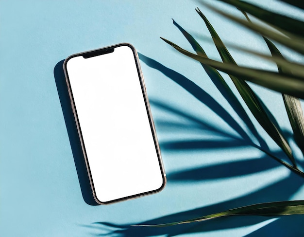 Smartphone-Mockup mit leerem Bildschirm, isoliert an einer blauen Wand mit Palmblattschatten