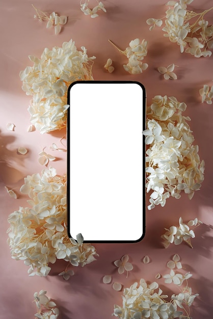 Smartphone-Mockup mit weißen Blumen auf rosa Hintergrund Gerätebildschirm-Attrappe auf stilvollem Hintergrund für Präsentation oder Appl-Design