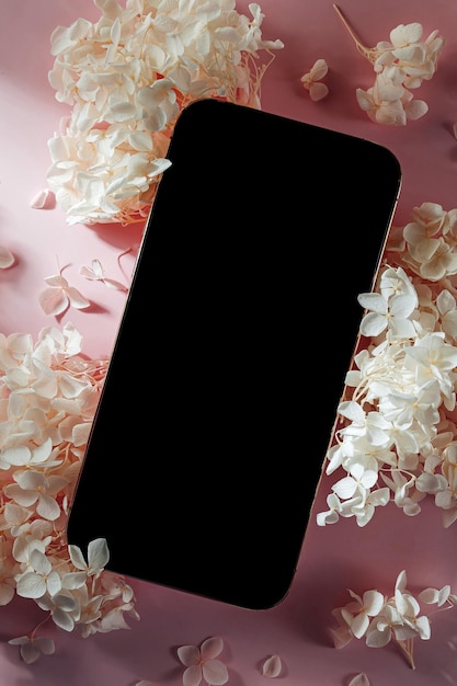 Foto smartphone-mockup mit weißen blumen auf rosa hintergrund gerätebildschirm-attrappe auf stilvollem hintergrund für präsentation oder appl-design