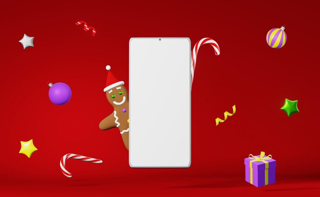 Smartphone-Mockup Weihnachtsplätzchen Lebkuchenmann Weihnachtsmütze schwebend 3D-Rendering roter Hintergrund Weihnachtswerbung