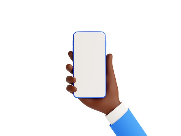 Smartphone-Modell in afroamerikanischer Hand 3D-Render-Illustration auf weißem Hintergrund. Afroamerikanische Hand im blauen Anzug mit Handy mit leerem weißem Touchscreen - Gadget-Modell.