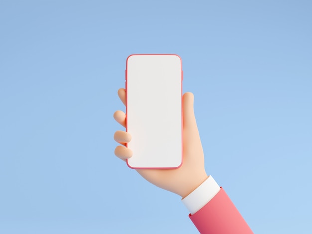 Smartphone-Modell in der menschlichen Hand 3D-Render-Illustration auf blauem Hintergrund. Hand in rosa Business-Anzug mit Handy mit leerem weißem Touchscreen - Gadget-Mockup-Pastell-Banner.